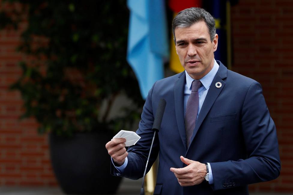 El presidente del Gobierno Pedro Sánchez en rueda de prensa en el Palacio de la Moncloa