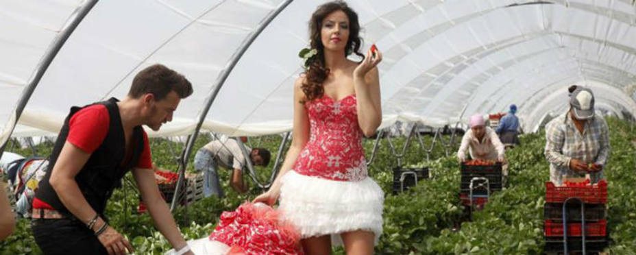 Una modelo posa con un traje de novia rosa del diseñador catalán, Jordi Dalmau, en un invernadero de fresas en Almont. EFE