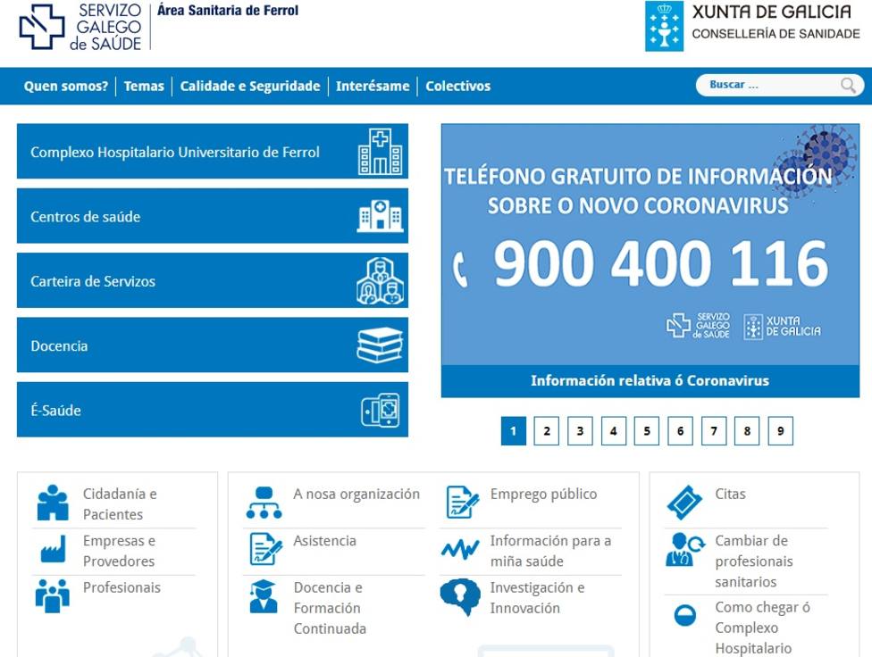 Pantalla inicial de la nueva página web del Área Sanitaria de Ferrol