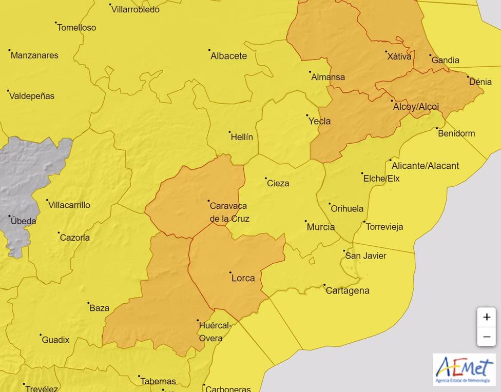 Mapa de avisos activo en la RegiÃ³n de Murcia