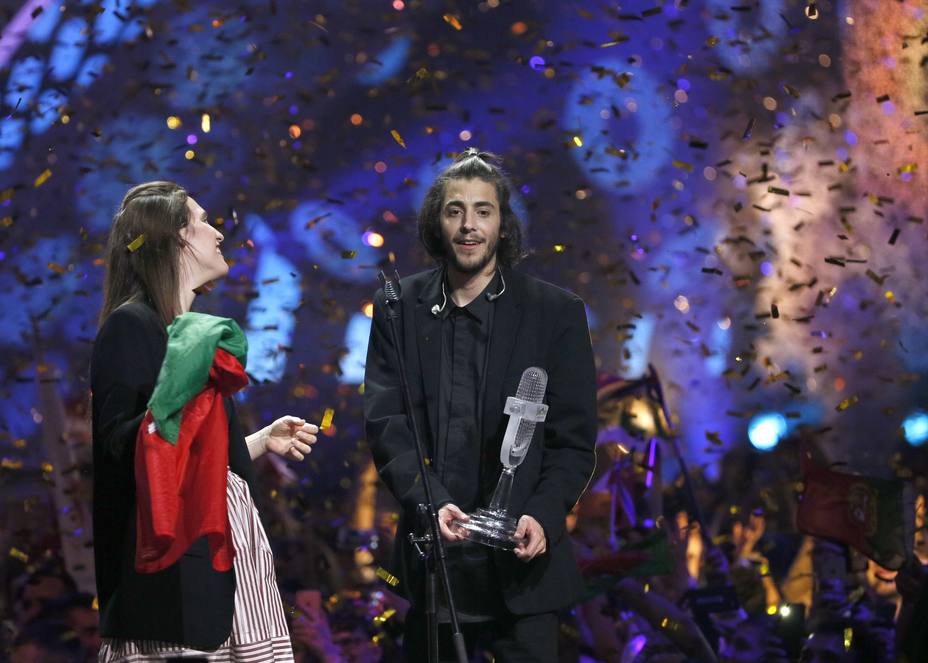 Portugals Salvador Sobral celebrates after winning the grand final of the Eurovision Song Contest 2017 at the International Exhibition Centre in Kiev