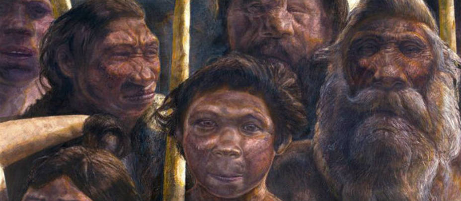 Fotografía del dibujo de los homínidos, Homo heidelbergensis, de la Sima de los Huesos. EFE