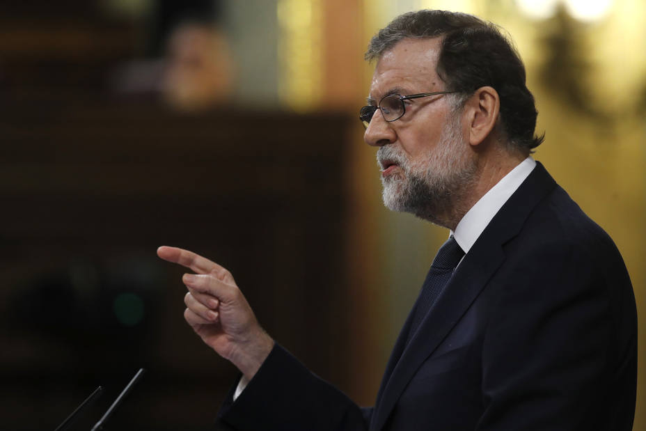 El presidente del Gobierno, Mariano Rajoy, durante su intervención en el debate de la moción de censura de Unidos Podemos contra él