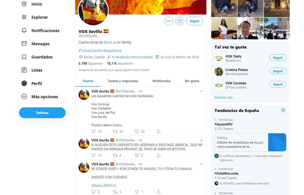 Hackean la cuenta de Twitter de Vox Sevilla con amenazas de muerte a Abascal