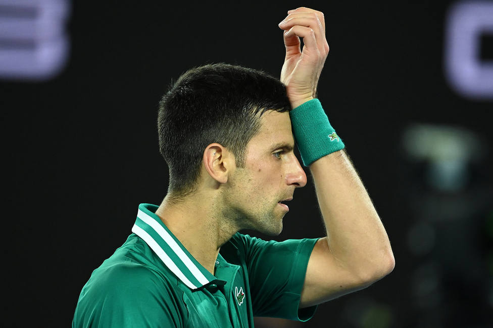 Novak Djokovic of Serbia reacts during his Mens Quarter finals singles match against Alexander Zverev of Germany on Day 9 of the Australian Open at Melbourne Park in Melbourne, Tuesday, February 16, 2021. (AAP Image/Dave Hunt) NO ARCHIVING, EDITORIA